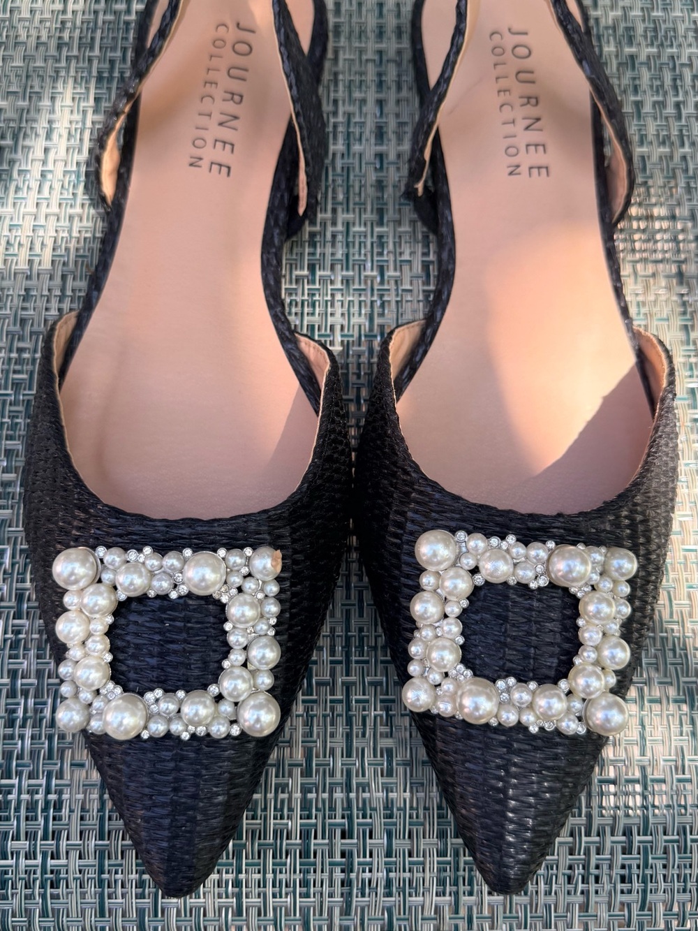 Journee Collection Black Pearl-Embellished Pointed Slingback Flats
